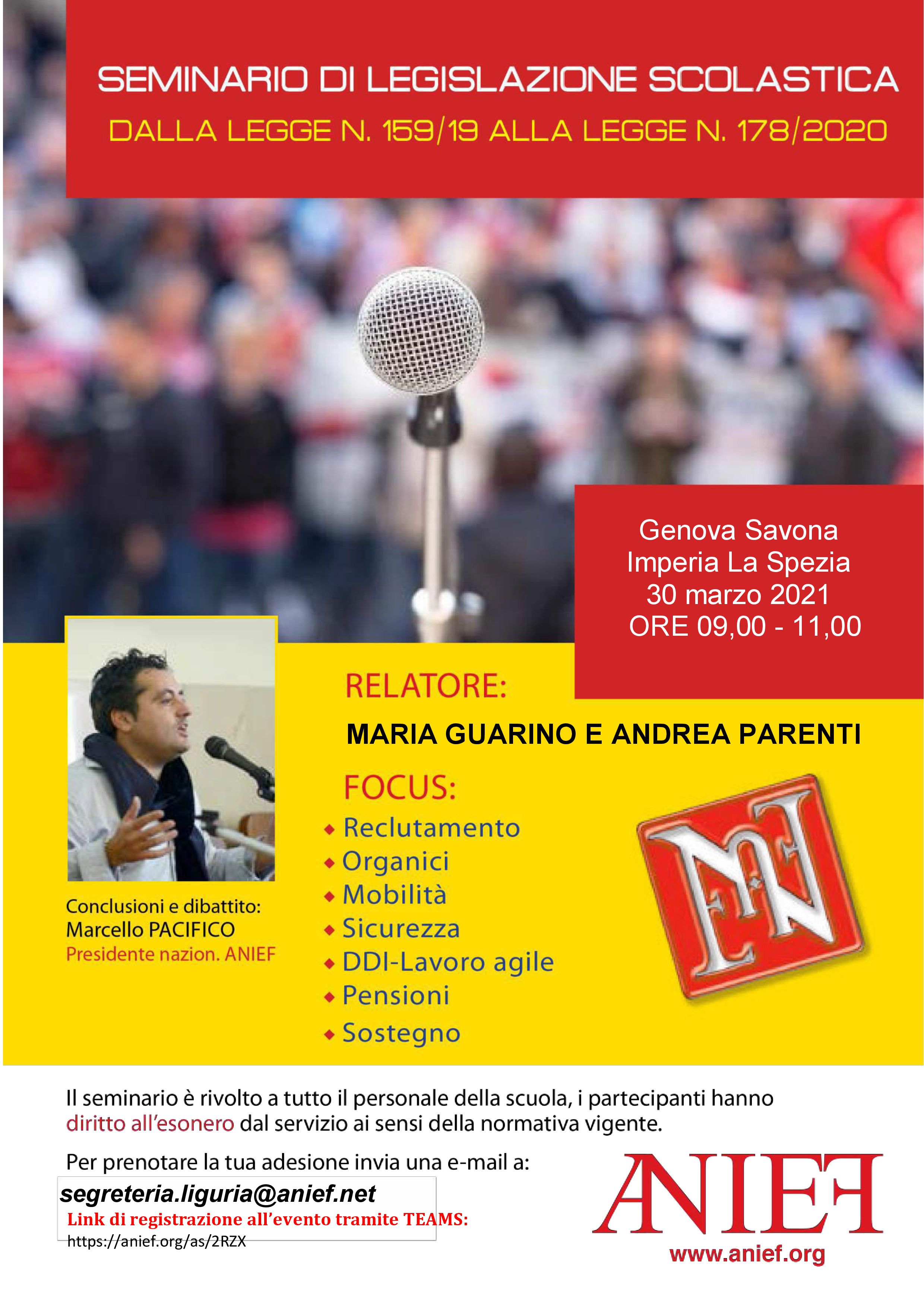 Invito 30 MARZO ORE 9, Seminario di legislazione scolastica : “Dalla Legge 159/2019 alla legge 178/21"